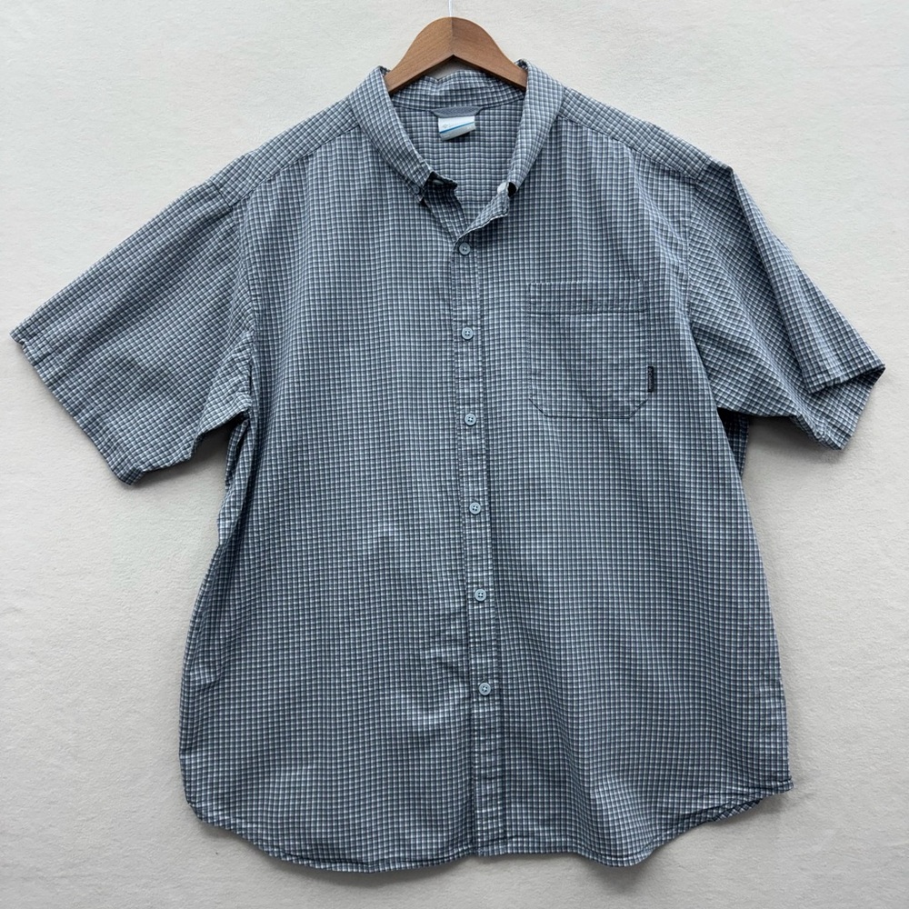 Columbia Mens 2X Button Up Shirt Gray Plaid Short Sleeve 100% Cotton